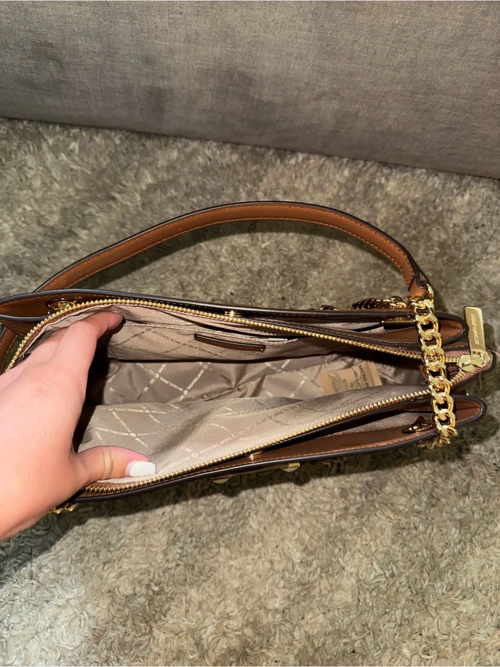 Michael Kors Brown and Tan Logo Chain Shoulder Bag